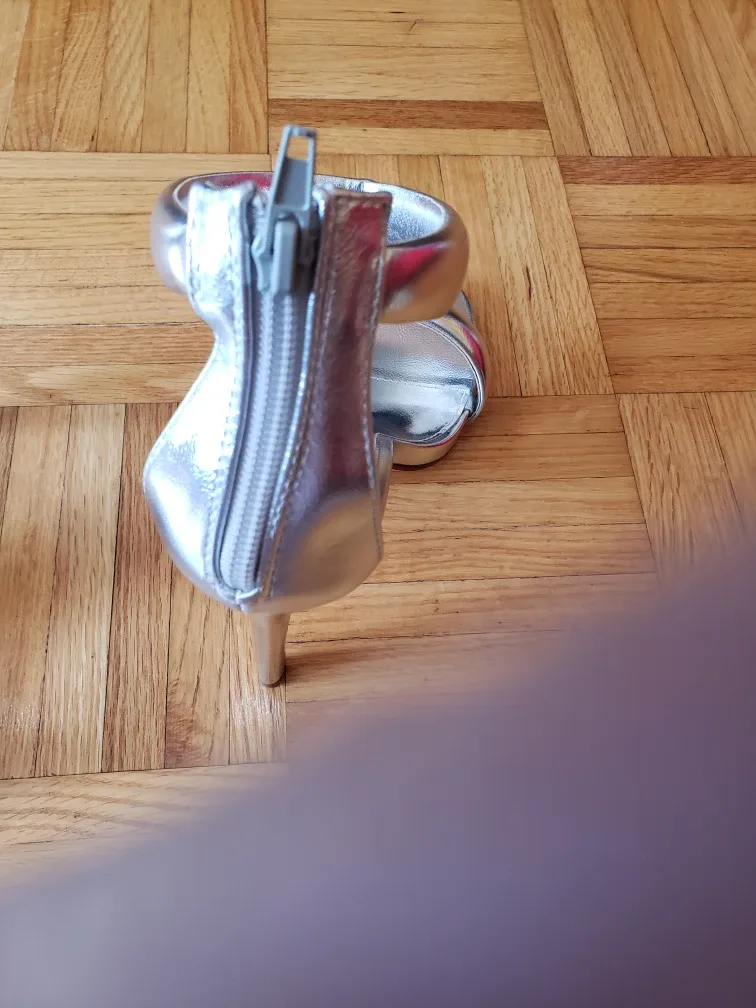 US make Silver Metallic Ankle Strap Heels image indicator(4)