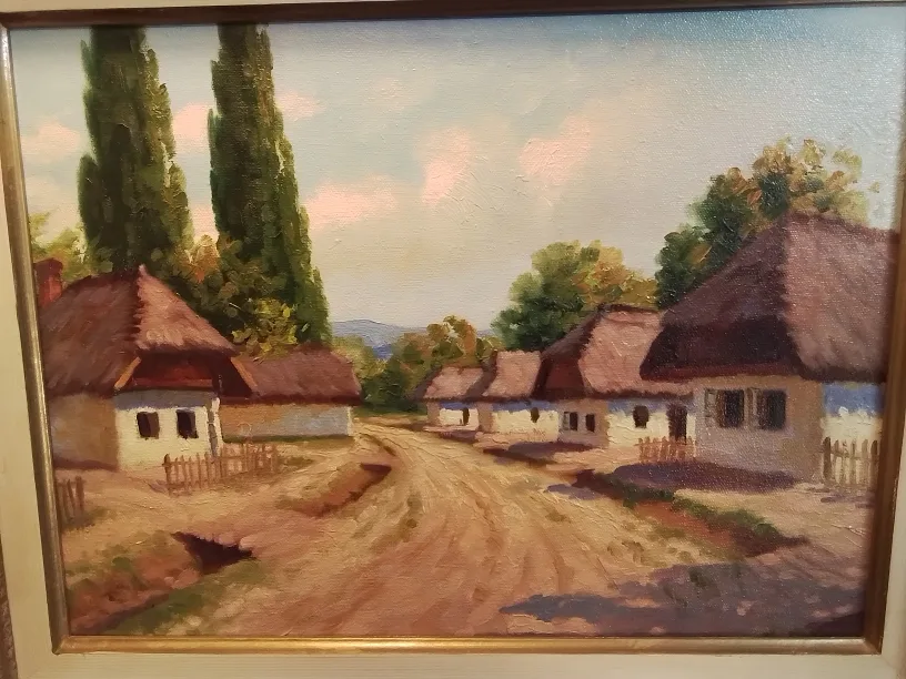 Framed Oil Painting of Village Scene Signed image indicator(2)