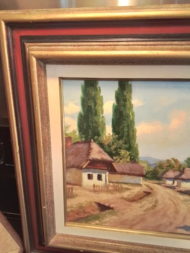 Framed Oil Painting of Village Scene Signed image indicator(3)