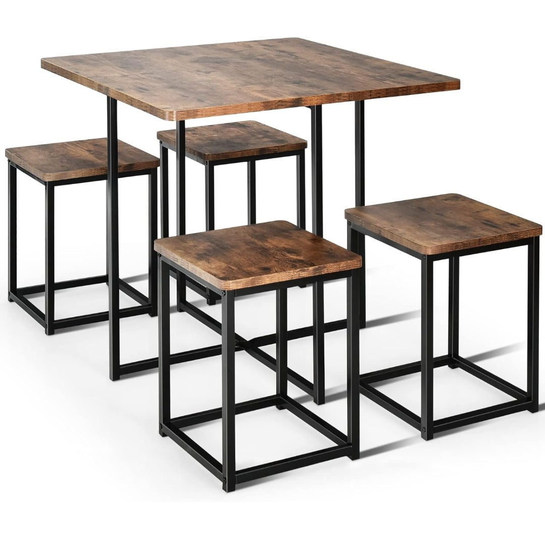 Rustic Square Dining Table Set with 4 Stools - photo 2