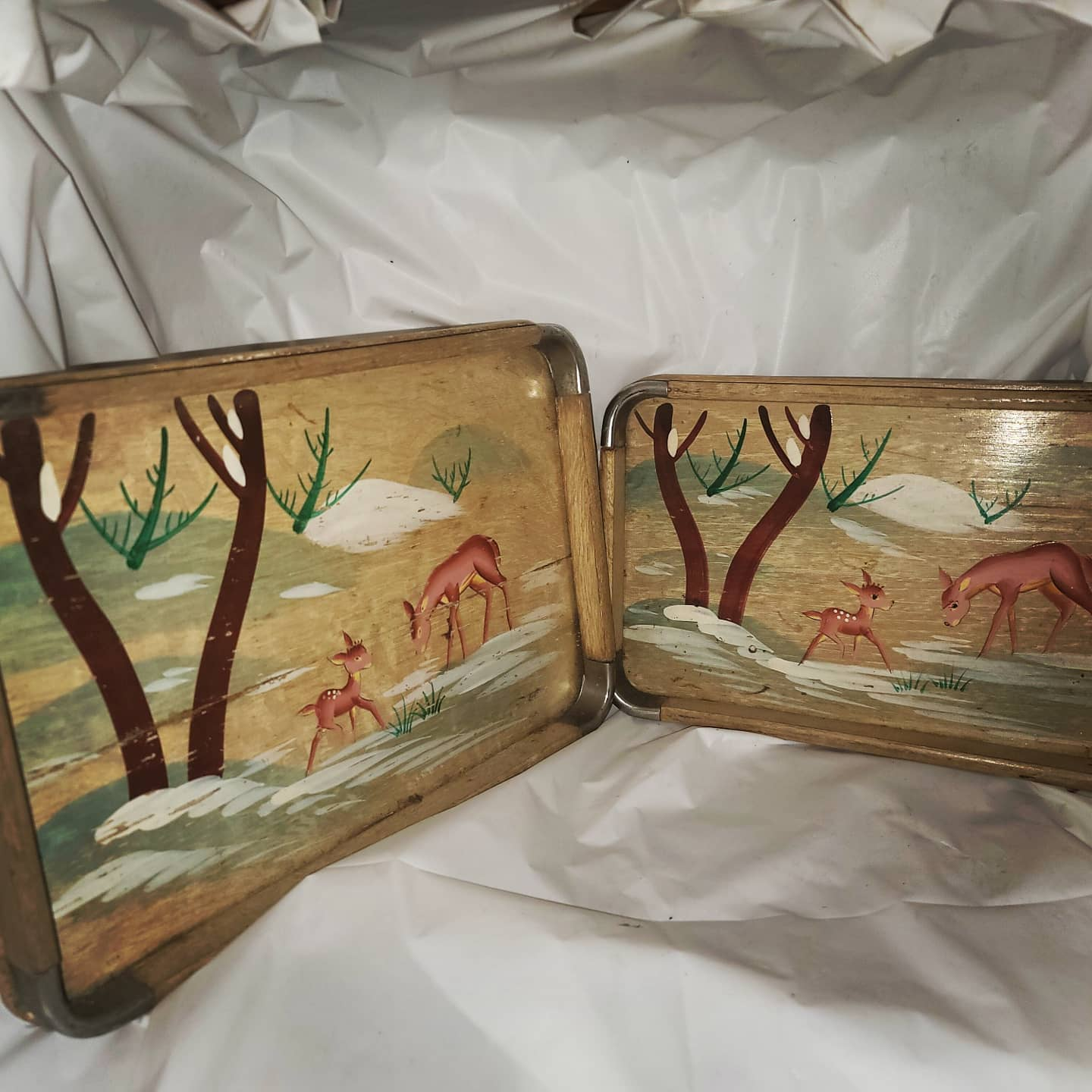 Vintage Hand-Painted Wooden Trays Set of Two Deer Scene