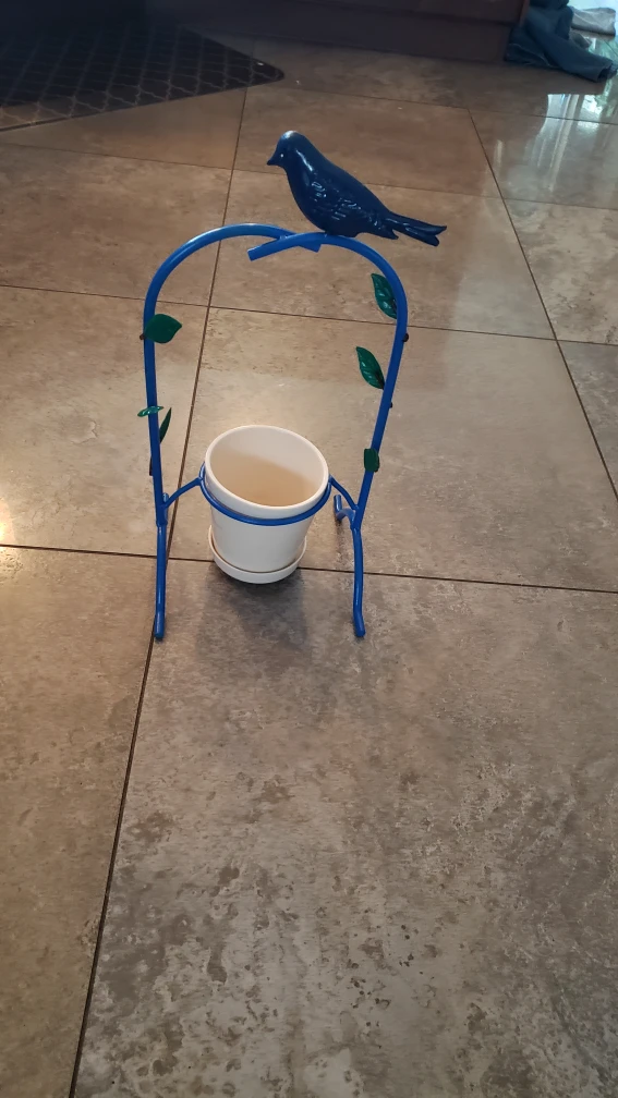 Blue Metal Planter Stand approx 15 in high with pot.