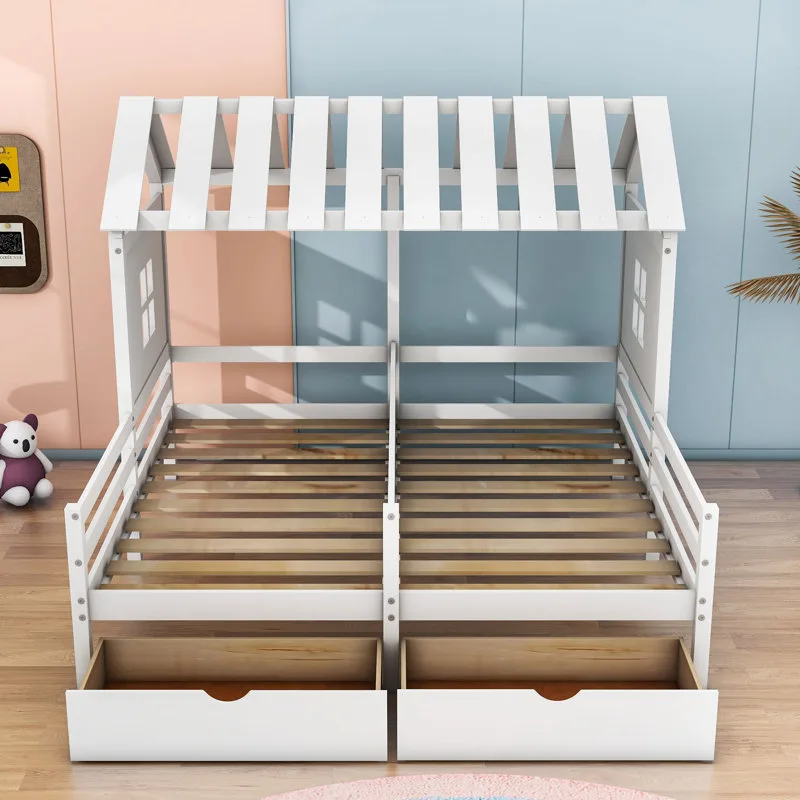 Kids' House-Shaped Twin-over-Twin Bed with Storage Drawers image indicator(4)