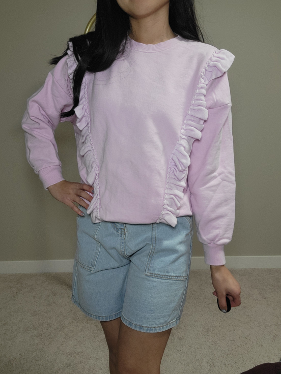 Pink Ruffle Detail Crewneck Sweatshirt