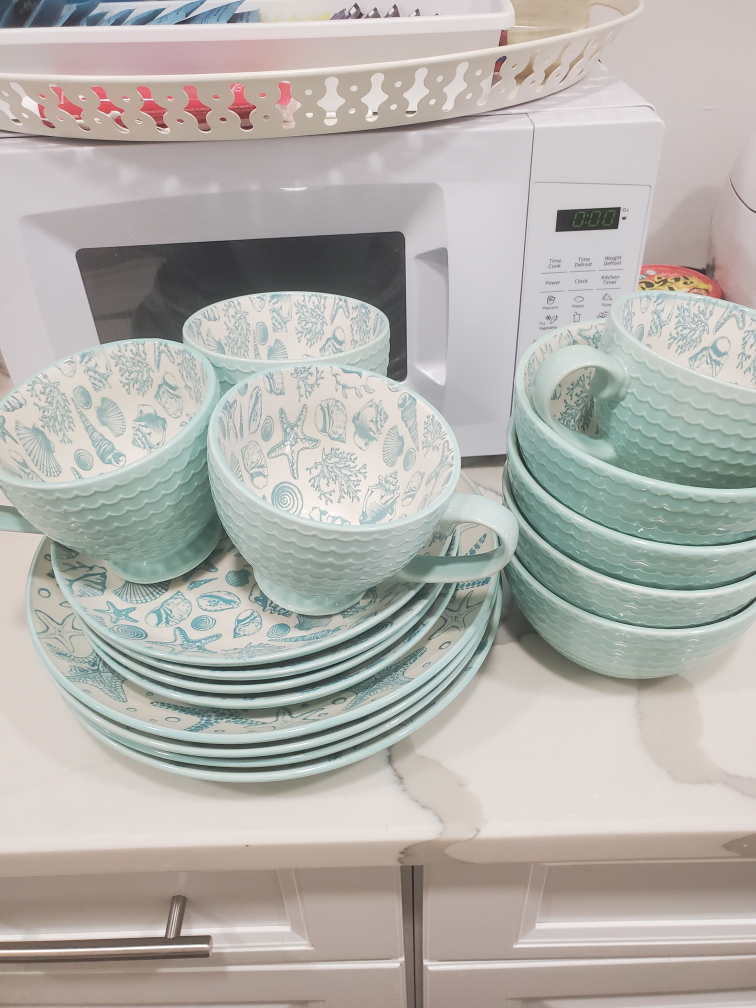 Two Sets of Dinnerware: Coastal Blue and White Square