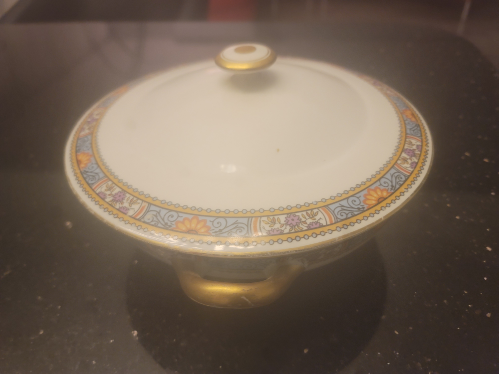 Vintage Covered Serving Bowl, Floral Design, Gold Accents