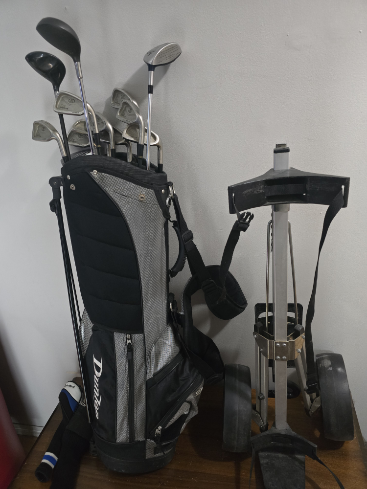 Golf club lot, bag, bag push cart and clubs