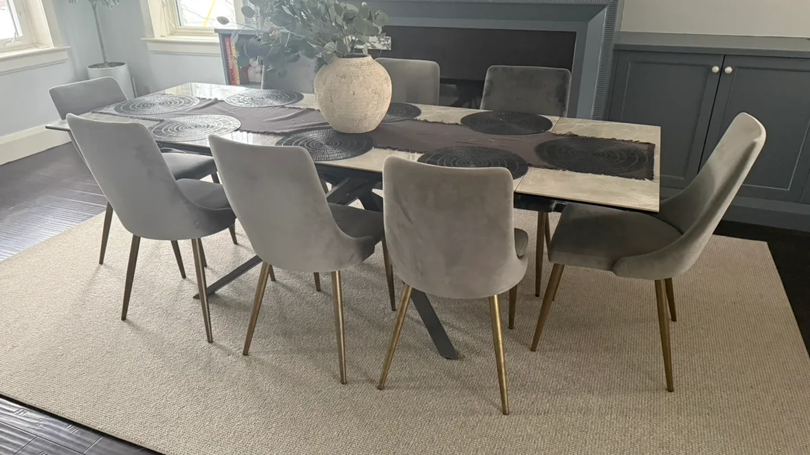 7 dining chairs - grey velvet with gold base image indicator(3)