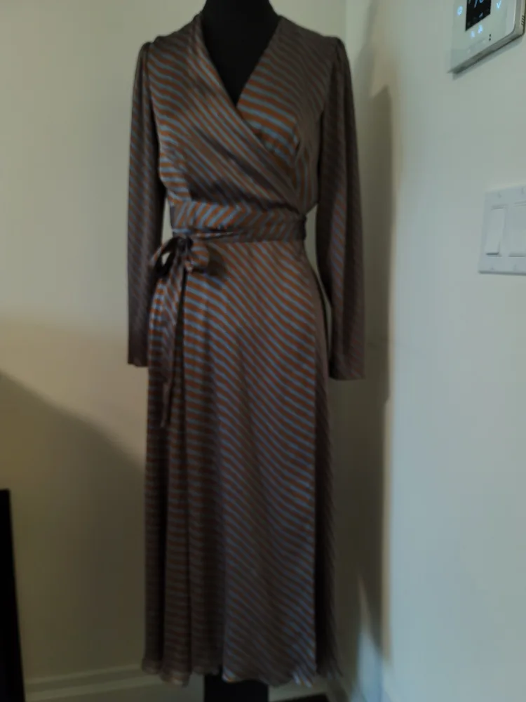 L.K.Bennett London Blue and Brown Striped Wrap Dress image indicator(2)