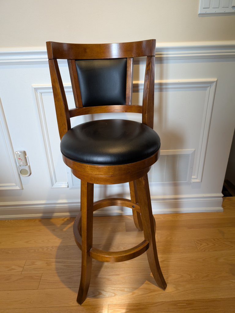 Swivelling Bar Stool - Brown Wood and Black Leatherette