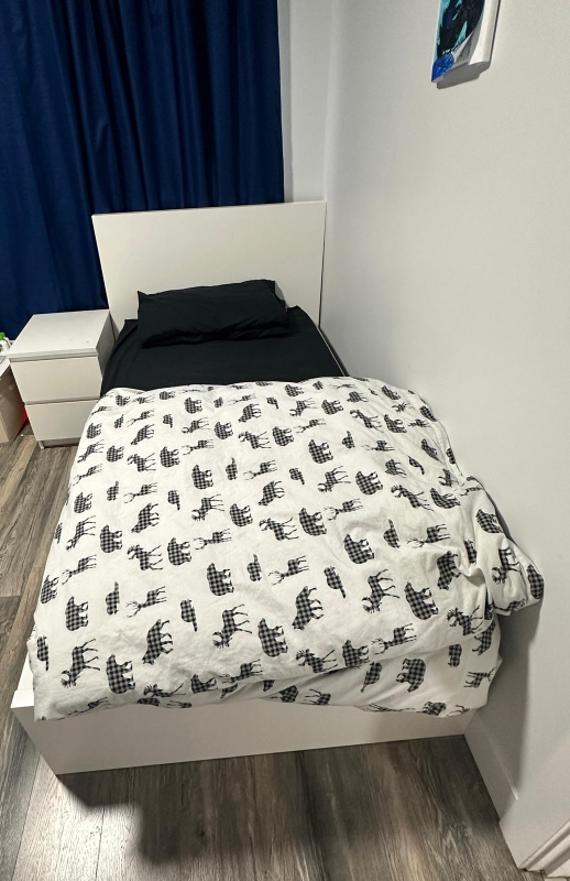IKEA White Single Bed Frame with MALM bedside table