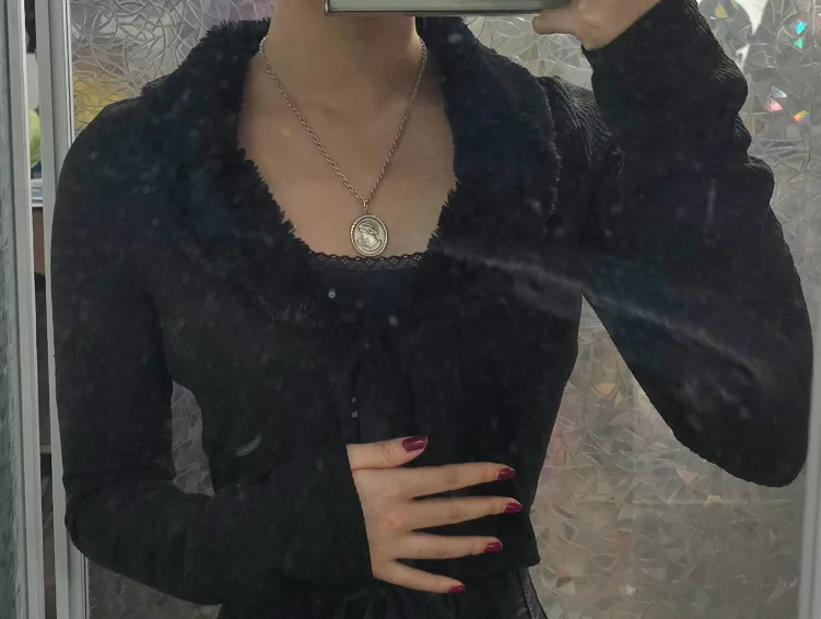 Black Faux Fur Trim Balletcore Cardigan image indicator(4)