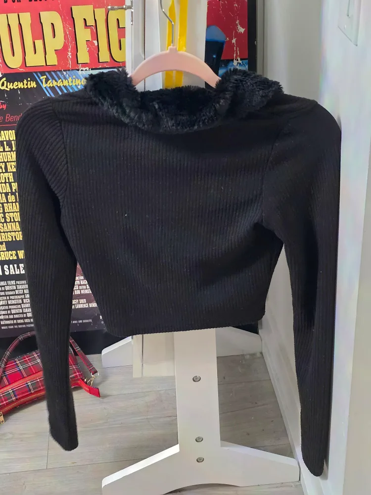 Black Faux Fur Trim Balletcore Cardigan image indicator(2)