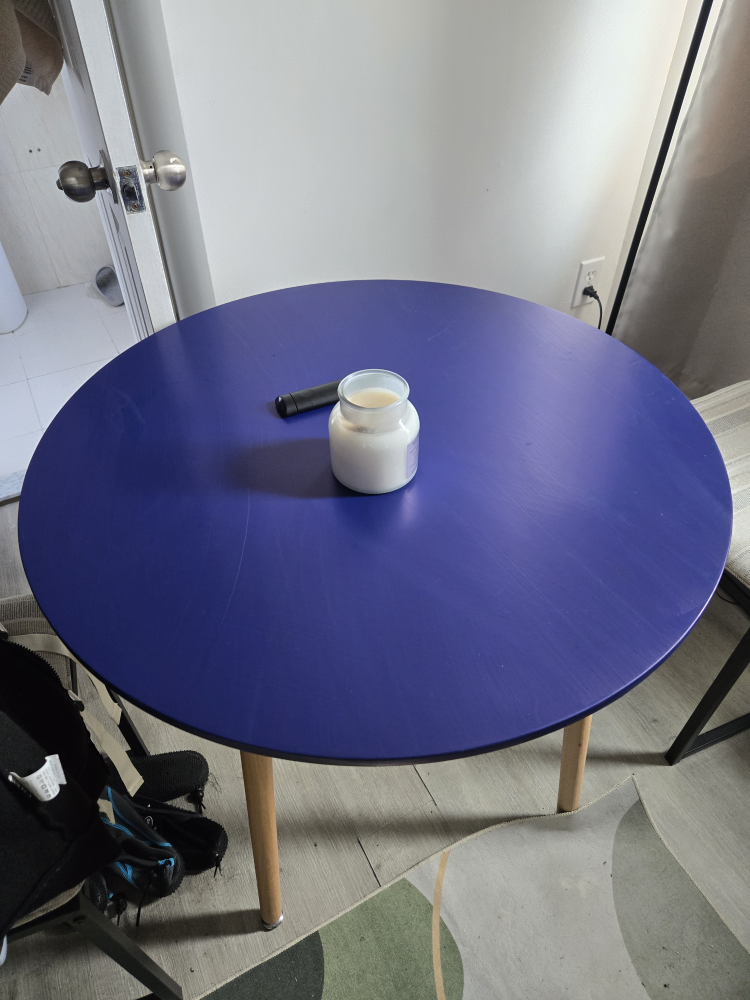 Round Blue Dining Table with Wooden Legs