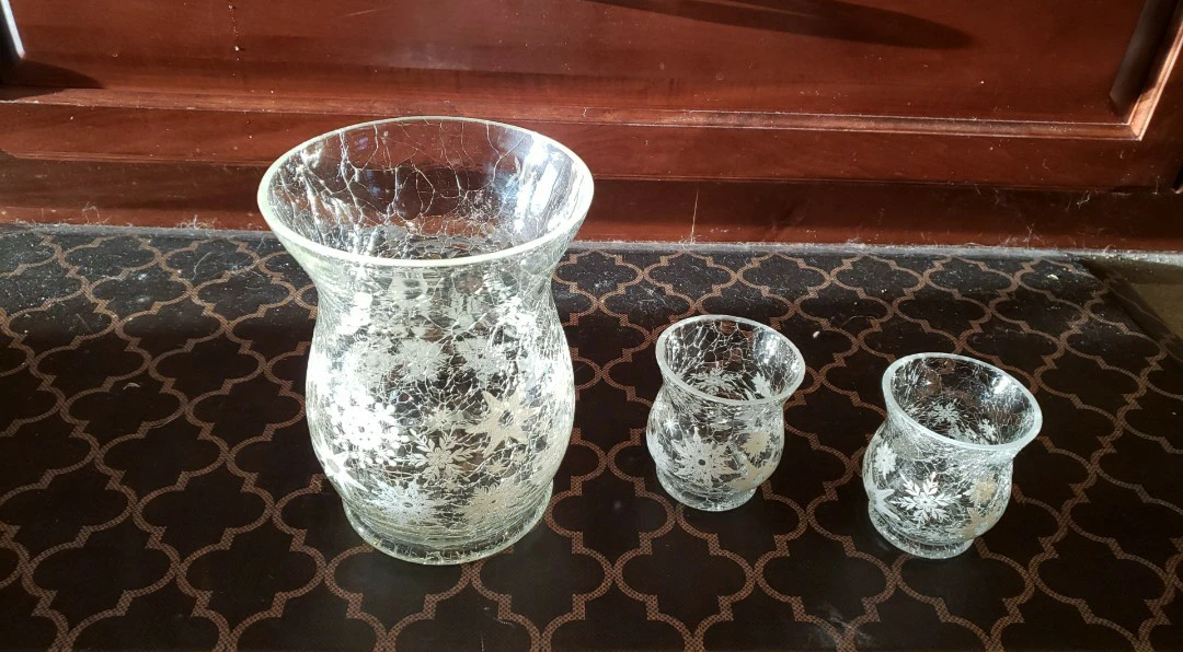 Set of three crackle glass hurricane vases.$15 for all 3