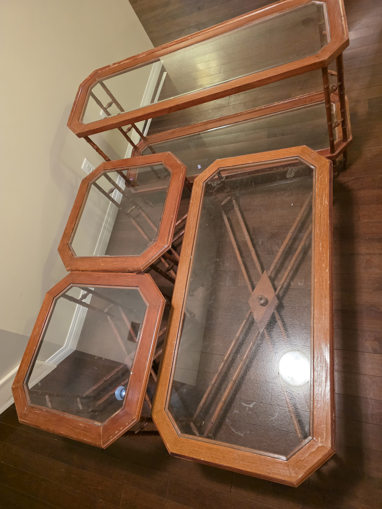 Vintage Bamboo & Glass Coffee Table Set