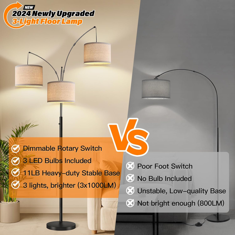 3-Light Dimmable Arc Floor Lamp with LED Bulbs - photo 5