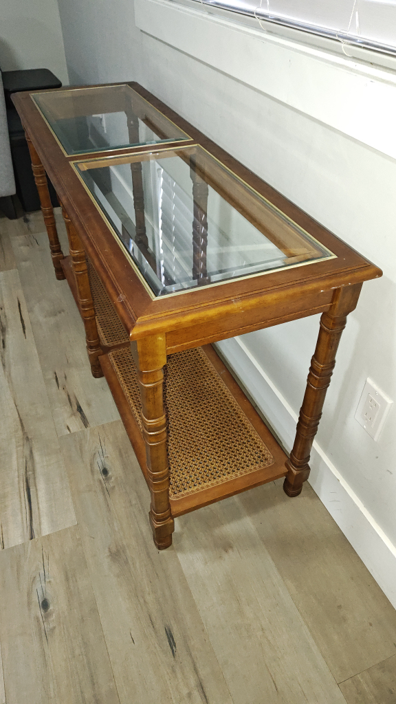 Vintage Wooden Console Table with Glass Top and Rattan Shelf
