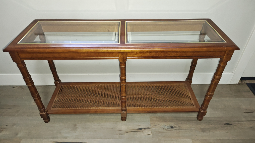 Vintage Wooden Console Table with Glass Top and Rattan Shelf - photo 2