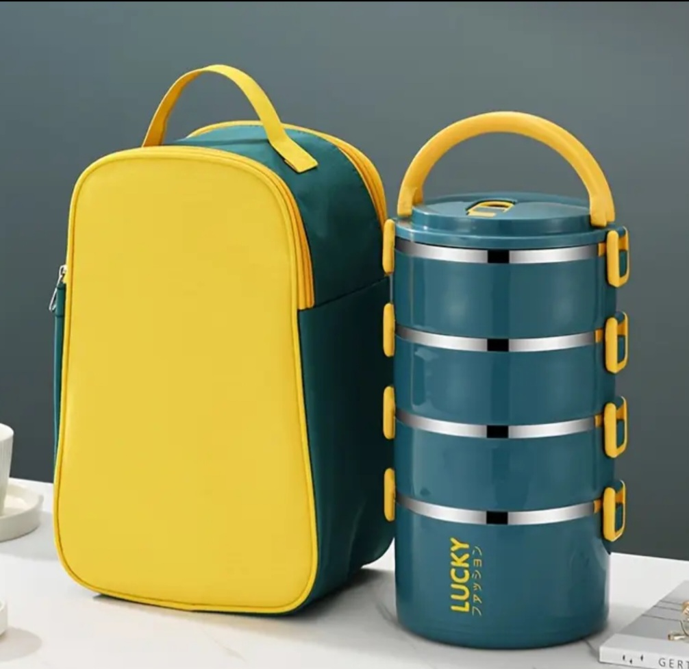 Stainless Steel Lunch Box with Carrying Bag and Cutlery $ 5