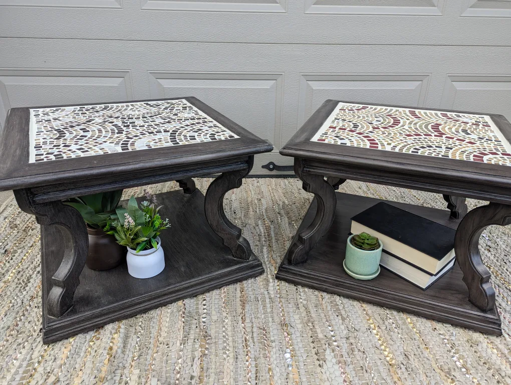 Newly refinished side tables with hand-tiled mosaic patterns image indicator(2)