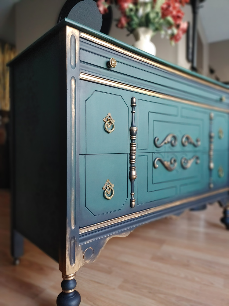 Vintage Dark Teal & Gold Dresser