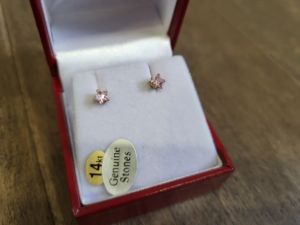 14k Gold Star Stud Earrings with Pink Genuine Stones image indicator(4)