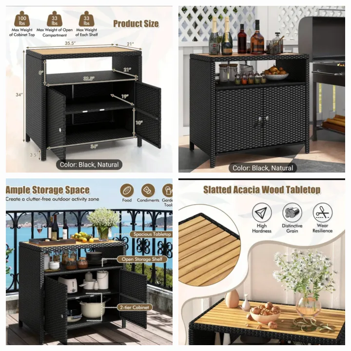 🏈Outdoor Patio Wicker Cabinet with Acacia Wood Top image indicator(2)