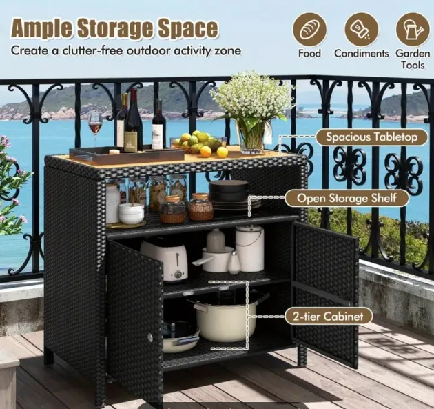 🏈Outdoor Patio Wicker Cabinet with Acacia Wood Top image indicator(5)