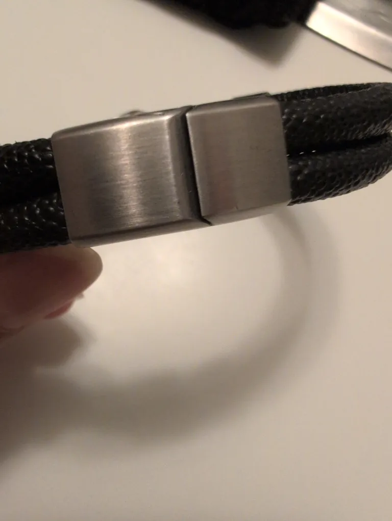 Never worn -Men's Black Leather Bracelet Stainless Steel Accents image indicator(4)