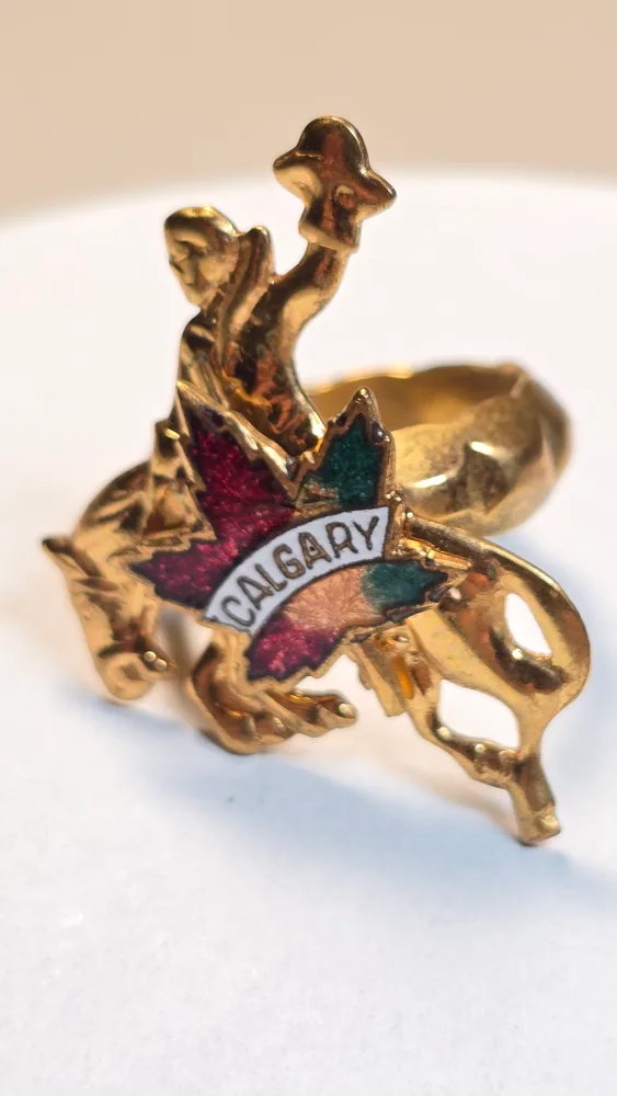 Vintage Calgary Rodeo Rider Bolo ring with Enamel Maple image indicator(9)
