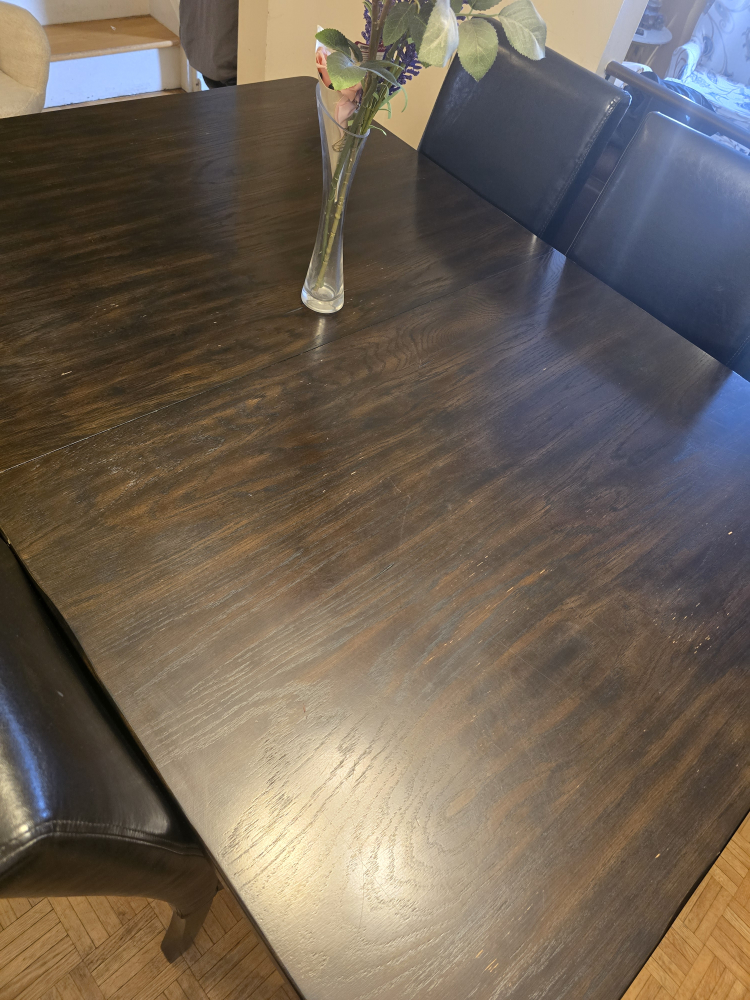 Dark Brown Wood Dining Table with 4 Black Leather Chairs - photo 2