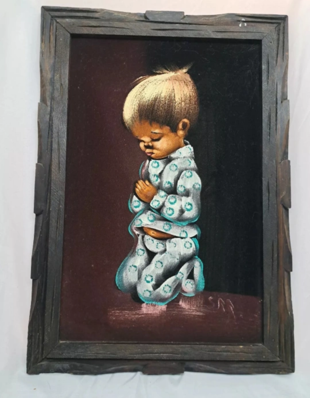 Vintage Velvet Painting of Praying Child