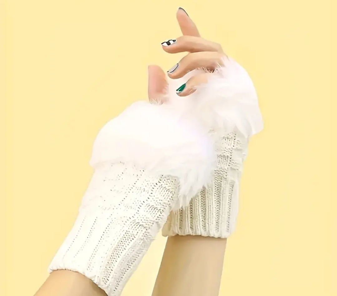 Knit Fingerless Gloves with Fuzzy Cuffs