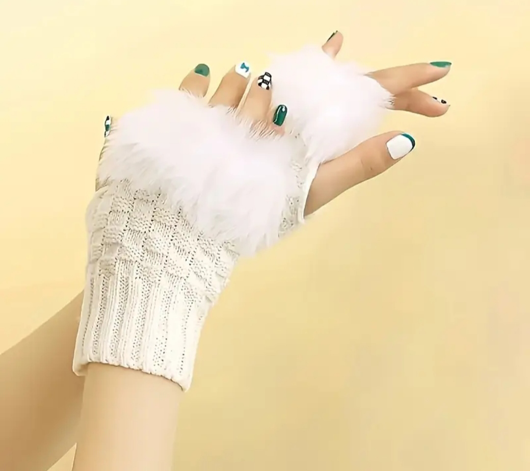 Knit Fingerless Gloves with Fuzzy Cuffs - photo 3