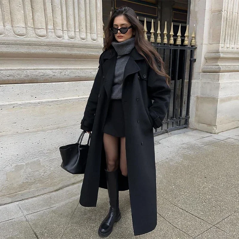 Street Long Trench Coats With Belt Women Black Loose