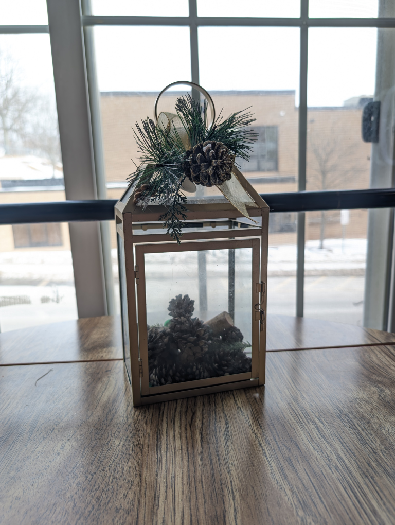 Gold Metal Lantern with Pine Cones