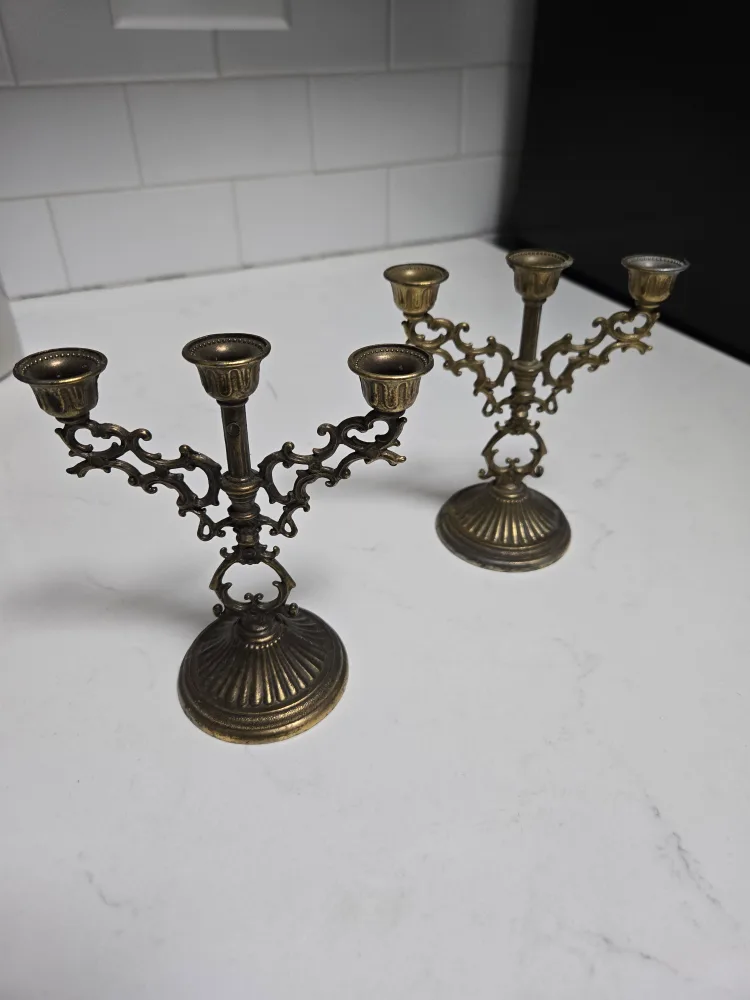 Vintage Brass 3-Arm Candelabra Set of Two thumbnail