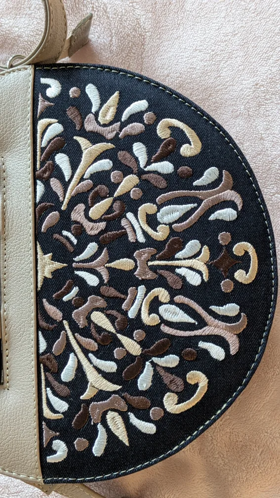 NEW Beige handmade leather embroidered mini round crossbody bag. image indicator(6)