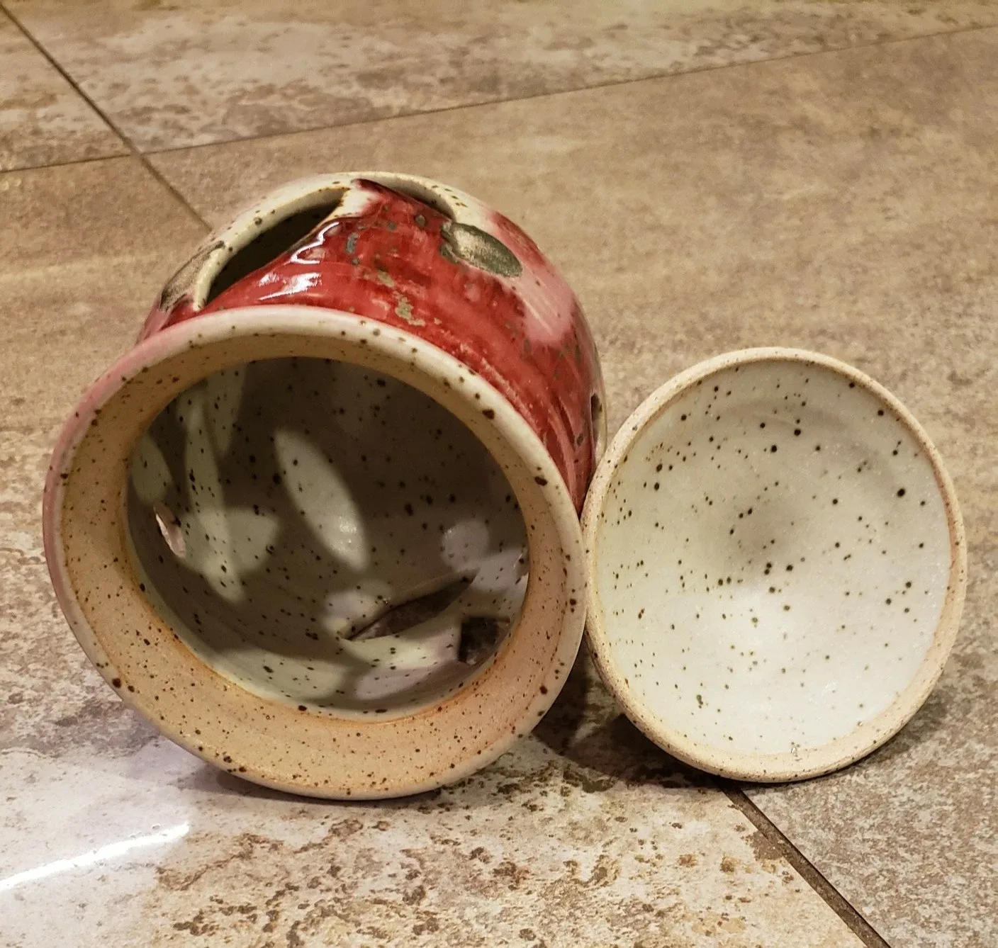 Hand-painted Pottery Butter Dish & Garlic Keeper..$40 for both. image indicator(2)