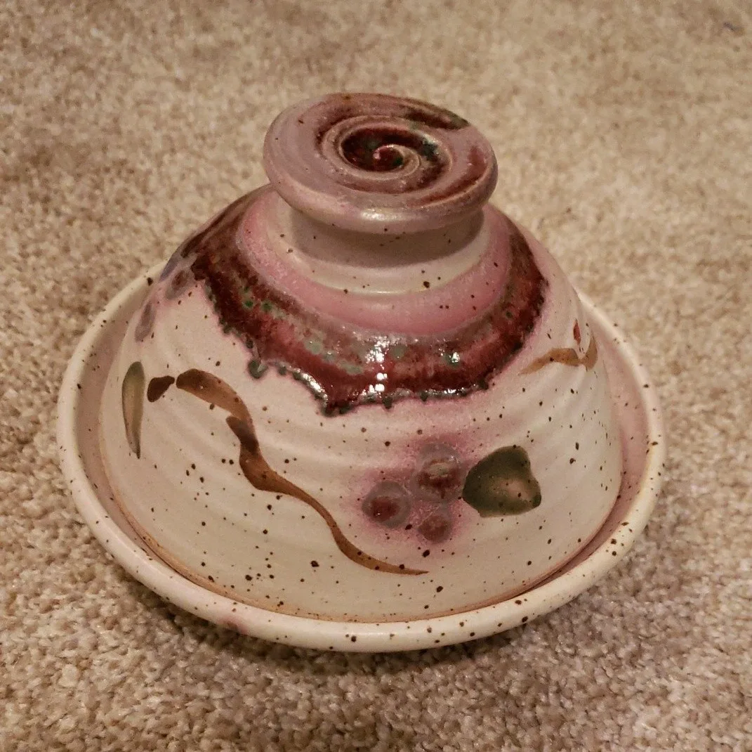 Hand-painted Pottery Butter Dish & Garlic Keeper..$40 for both. image indicator(3)