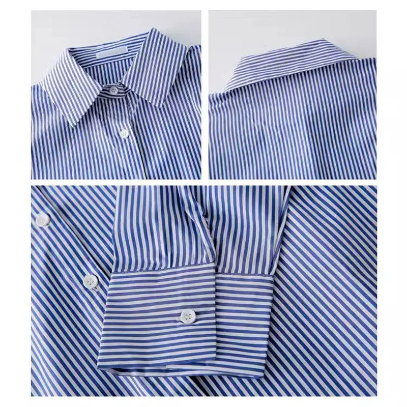 Women's Blue and White Striped Long Sleeve Button-Down Shirt image indicator(3)
