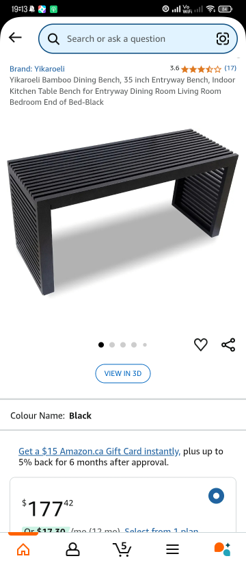 Yikaroeli Bamboo Dining Bench, Black