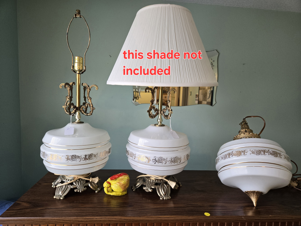 Vintage White and Gold Table Lamps and Pendant Light Set
