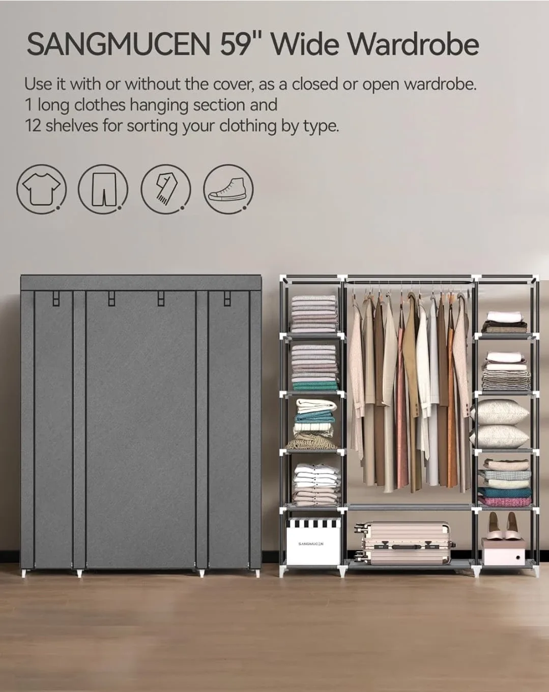 Sangmucen 59" Wide Portable Wardrobe Closet Organiser image indicator(3)