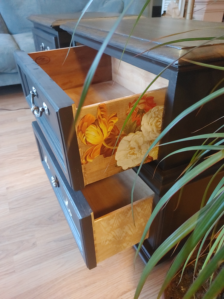 Pair of Vintage Espresso Nightstands with Floral Drawer Liners - photo 4