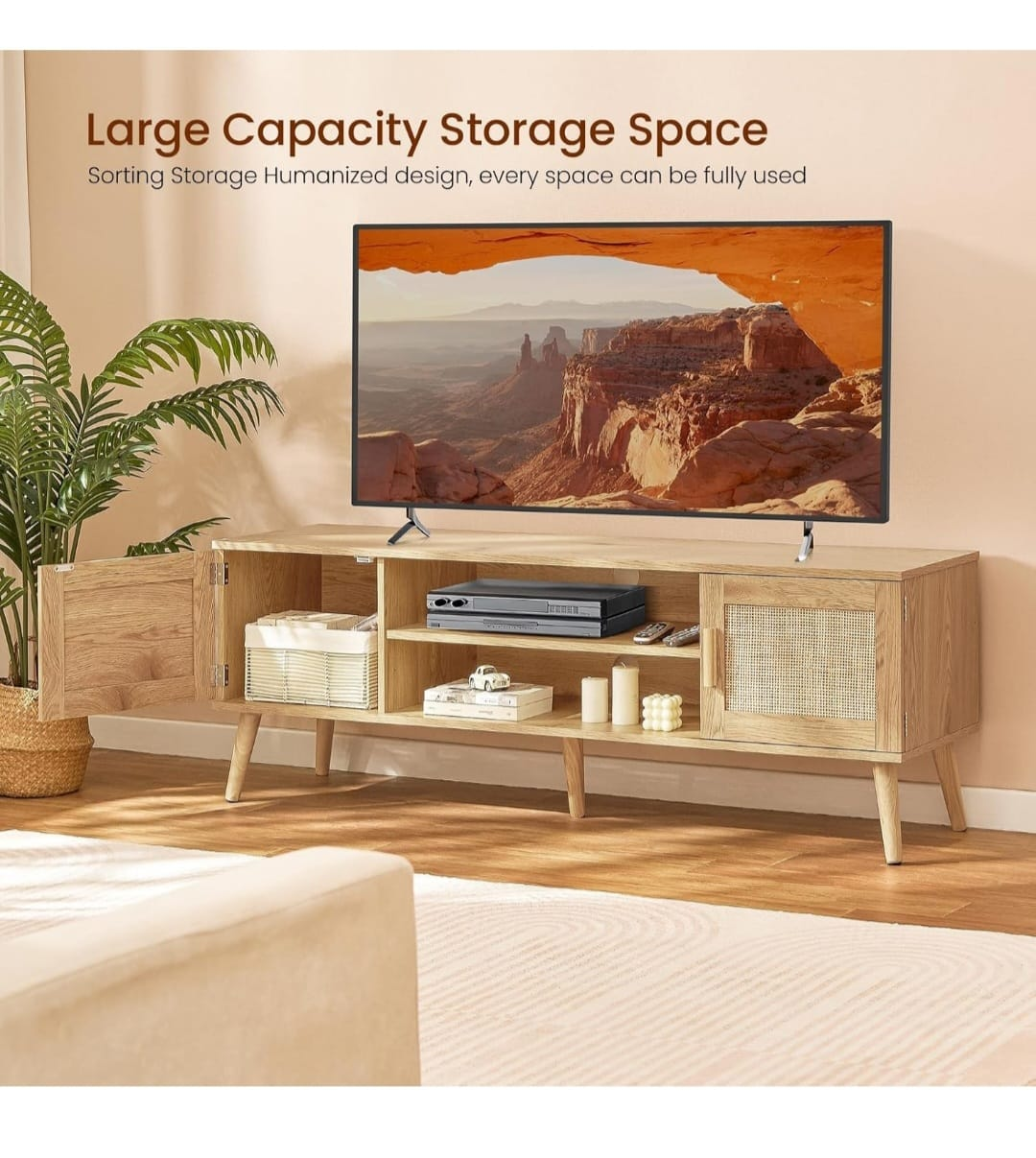 Mid-Century Modern TV Stand with Rattan Doors - photo 2