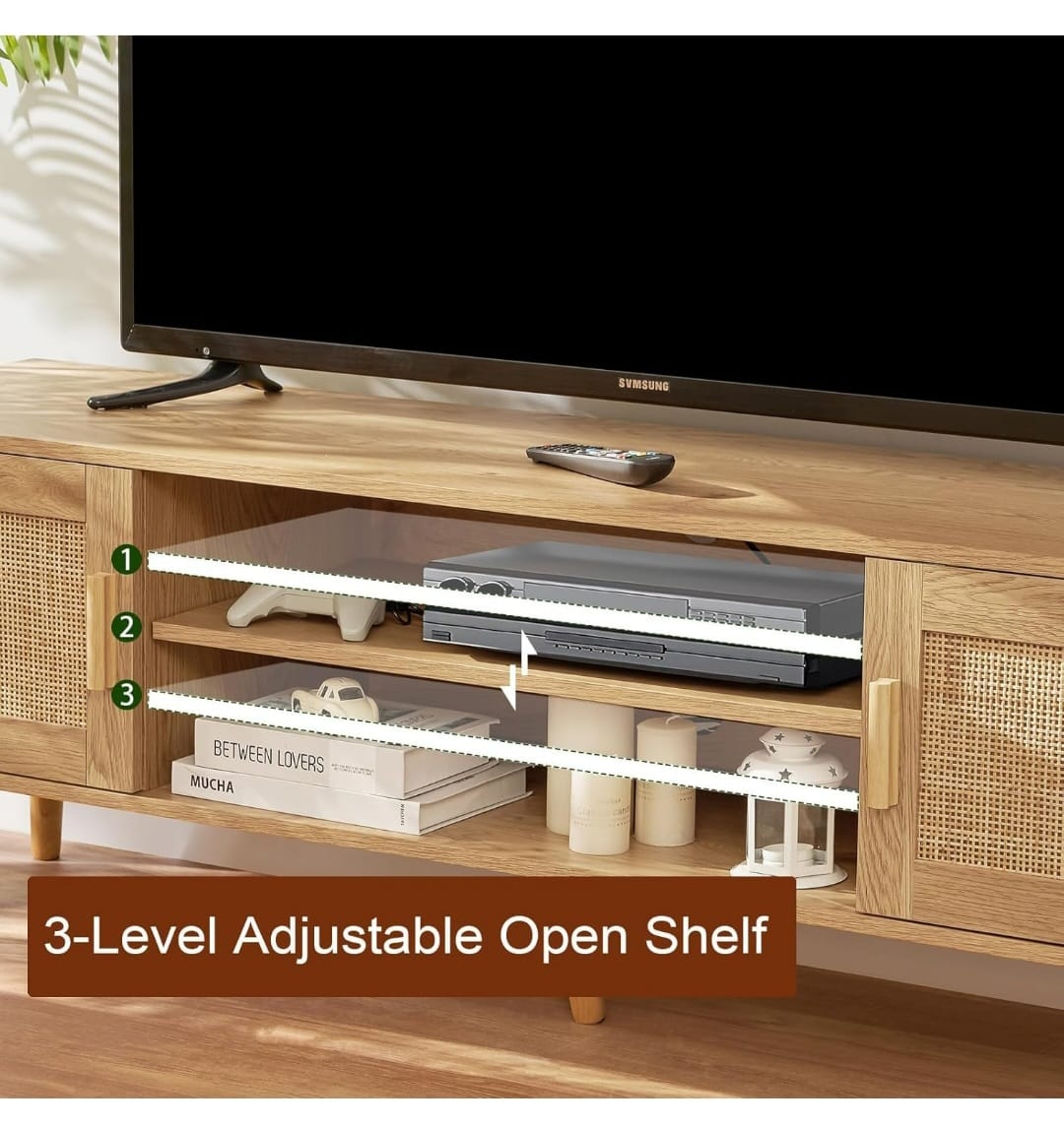 Mid-Century Modern TV Stand with Rattan Doors - photo 3