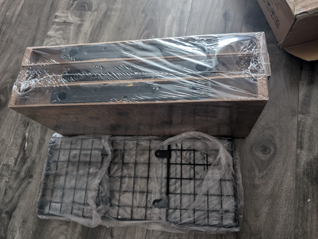 New Unassembled Wooden Storage Shelves with Metal Inserts