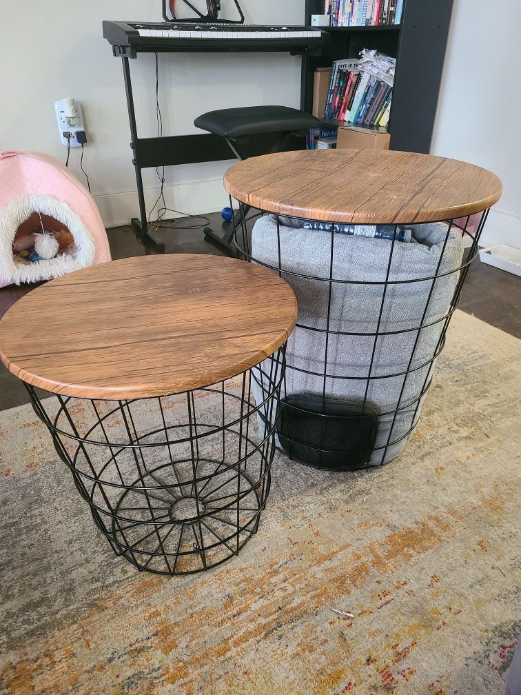 Set of 2 Wire Basket Side Tables with Wood Top